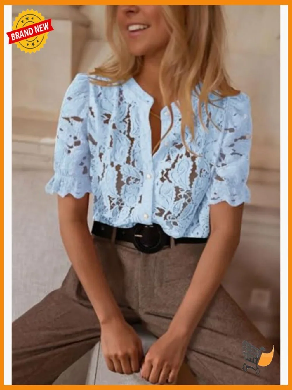 Spring Lace Blouse Short Puff Sleeve Crew Neck Button Down Casual Dressy Top - Picture 5 of 7
